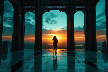 A minimalist silhouette of a selfie emphasizing the scale of the landmark.の素材