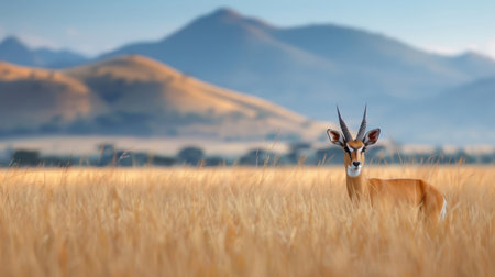 A sable antelope stands regally amidst the tall grasses of the savanna.の素材