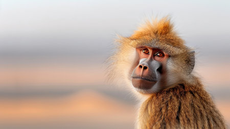 A close-up portrait of a hamadryas baboon with a red face and long mane.の素材