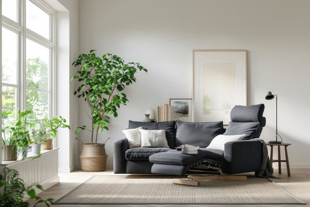 Dark blue sofa and recliner with a focus on functionality in a Scandinavian living room.の素材