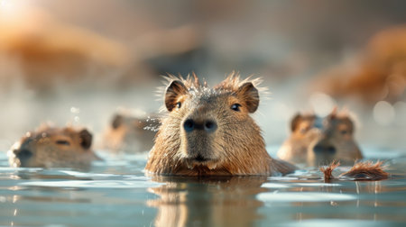 Capybaras soaking in a thermal hot spring, steam rising around them.の素材