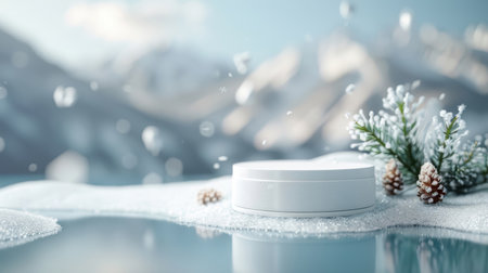 3D podium made of ice, winter snow scene, cold mountain background, frozen blue platform for product display.の素材