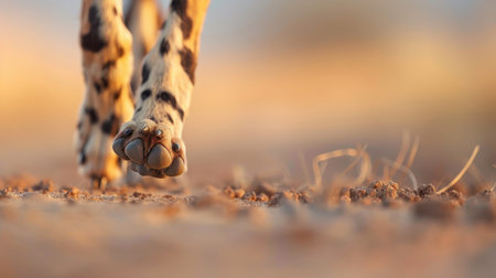A close-up of an African wild dog's paw, showcasing its sharp claws and padded foot.の素材