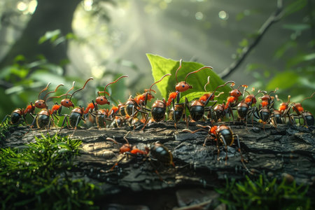 Ants marching in a line carrying leaves and twigs.の素材