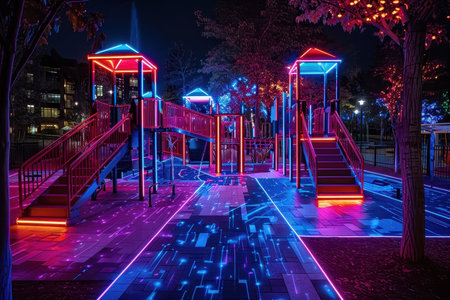 A futuristic cyberpunk playground with neon lights and high-tech games.の素材