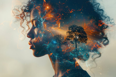 A surreal dreamscape within a person's silhouette.の素材