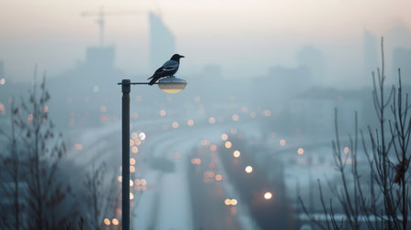A crow rests on a streetlamp at dusk, the urban landscape behind it.の素材