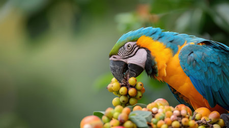 An exotic parrot feeds on tropical fruits, beak and feathers smeared.の素材