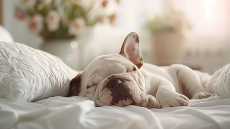 A bulldog naps peacefully in a sunbeam.の素材