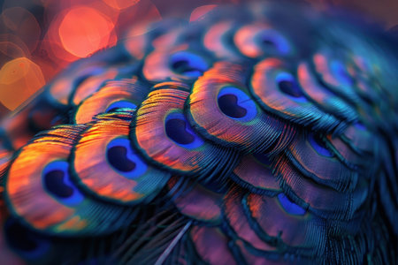Highlights the intricate patterns and iridescent colors of a peacock's tail feathers, a natural masterpiece of beauty.の素材