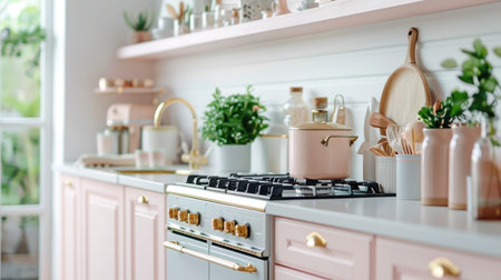 A romantic pink kitchen with gold accents and a vintage stove.の素材