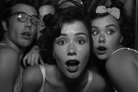 Creates a nostalgic and timeless image of friendship, reminiscent of classic photo booth pictures.の素材