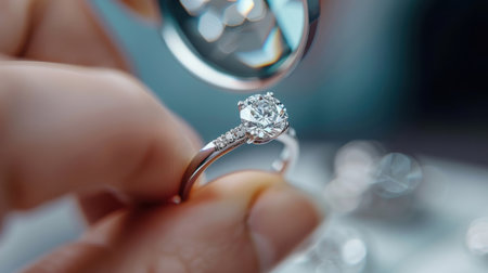 A jeweler examines a diamond ring with a magnifying glass.の素材