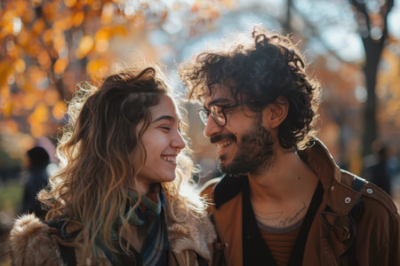 A couple laughing together in a park.の素材