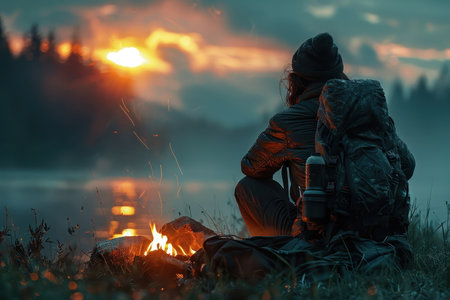 Lone camper sitting by a campfire.の素材