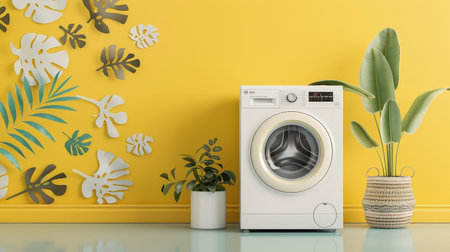 A vibrant pop art-inspired washing machine with bold colors, patterns, and playful typography.の素材