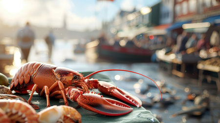 Lobster in bustling seafood market, surrounded by sea creatures and colorful stalls, emphasizing striking appearance, lively and vibrant.の素材