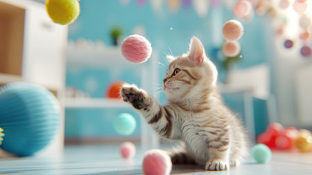 Bengal cat playfully interacting with hanging toys in a vibrant, contemporary playroom filled with fun and colorful designs.の素材