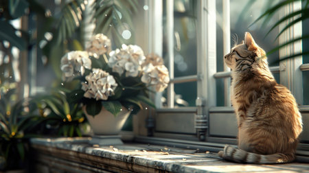 Sphinx cat sitting majestically on a grand staircase in an opulent mansion with elegant architectural details.の素材