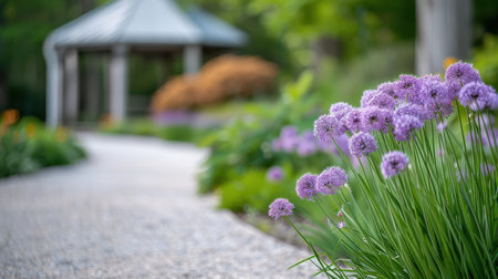 Botanical garden path lined with allium leading to a charming gazebo.の素材