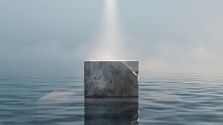 A podium with a mist-shrouded base and illuminated top appears as a portal.の素材