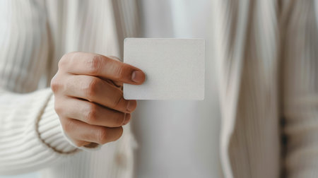 Close-up of a man's hand holding a credit card, with a blank business card displayed against a white background.の素材
