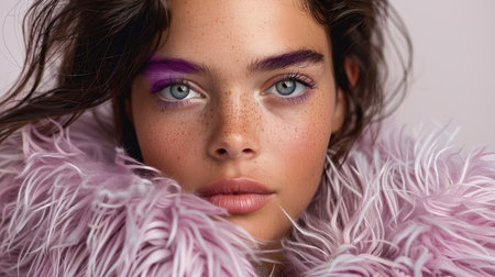 A close-up portrait of a woman with violet eyes wearing a violet fur coat.の素材