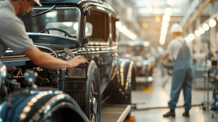 Vintage scene of workers manually assembling car components in a workshop.の素材