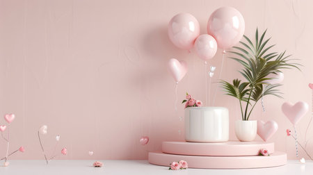 Pink stage with heart balloons, perfect for birthdays and anniversaries.の素材