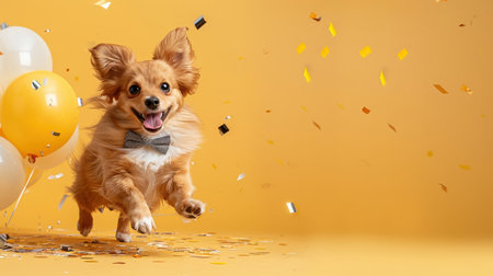 Playful Pomeranian puppy in a bowtie and top hat leaping through confetti.の素材