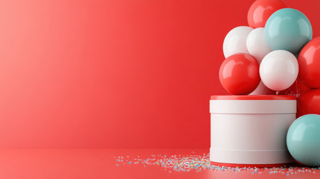 Playful podium with confetti and balloons on cheerful red backdrop.の素材