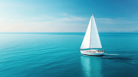 Lone sailboat with white sails navigating calm turquoise bay.の素材