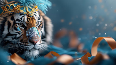 Close-up portrait of a tiger with sequined mask and face paint.の素材