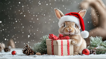 Enthusiastic bunny in a Santa hat, holding a Christmas gift box with bright ribbons, surrounded by a cozy holiday scene with gently falling snowflakes.の素材