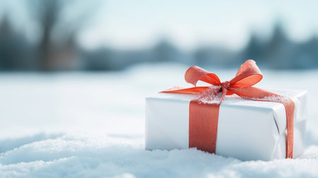 Gift box with red bow on white snow. Christmas background.の素材
