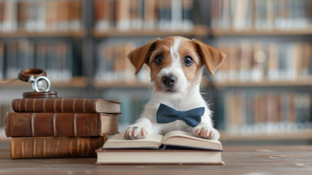 Playful Jack Russel puppy in a bowtie and monocle peeking from behind books.の素材