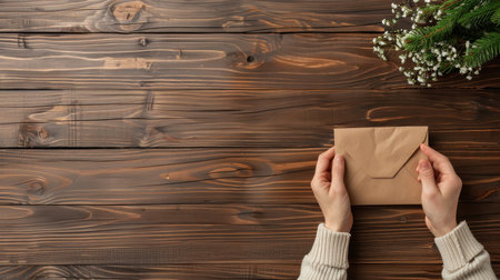 Rustic table with hands holding a vintage envelope whispering tales of love.の素材