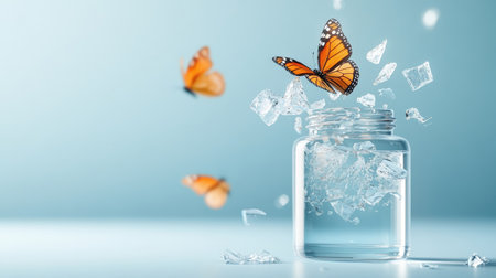Surreal vision of serum bottle shattering into butterflies, symbolizing transformation.の素材