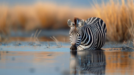 A zebra cautiously approaches a watering hole in the savanna.の素材