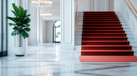 Vintage hotel lobby with glass doors revealing grand staircase.の素材