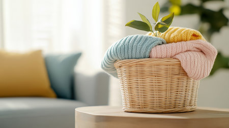 Pastel sweaters stacked in wicker basket on rustic wooden table in sunlit living room.の素材