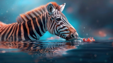 Photorealistic zebra with iridescent stripes gazing at its reflection.の素材