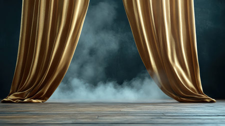 Opulent curtains unveil a majestic stage with swirling smoke.の素材