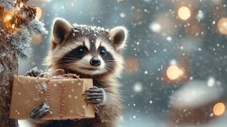 Raccoon kit climbing Christmas tree for gift boxの素材