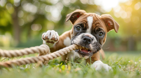 A playful Boxer puppy tugs on a rope toy in a park.の素材