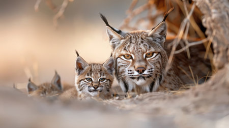 A mother bobcat guards her kittens in a hidden den.の素材