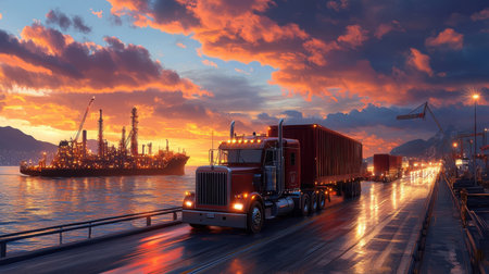 Convoy of oil trucks on coastal highway heading towards refinery at twilight.の素材