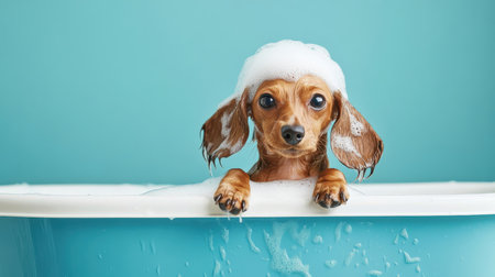 Dachshund puppy with shampoo suds on head in bathtub, looking bewildered.の素材