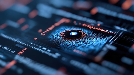 Digital fortress with code and algorithms, watchful eye guarding financial data.の素材