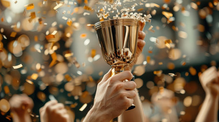 A victorious team captain raises the championship cup amidst a shower of confetti and cheers from the crowd.の素材